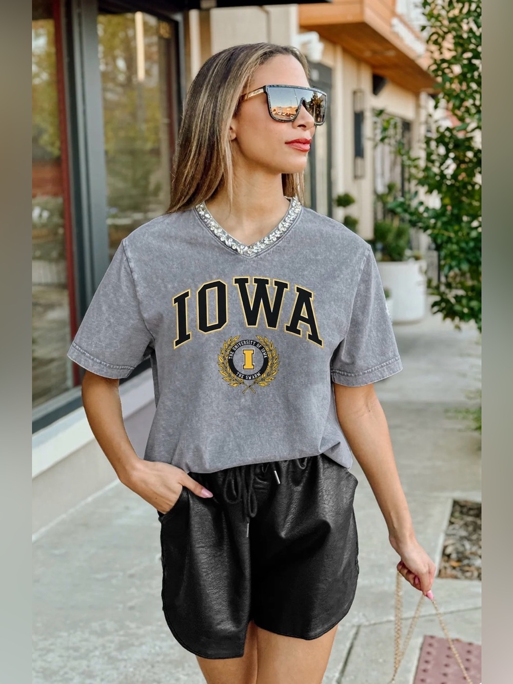 IOWA HAWKEYES ICONIC EDGE RHINESTONE TRIM V-NECK TEE GAMEDAY COUTURE